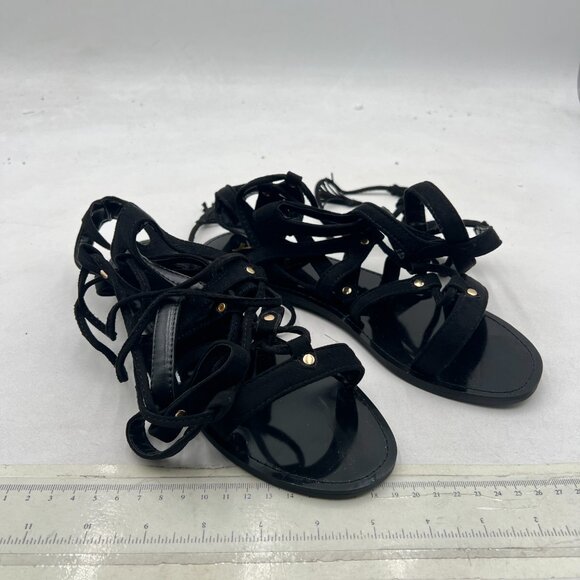 YDN Black Rivet Knee High Lace up Flats Fringe Low Heel Gladiator Strap Sandals - Picture 4 of 8